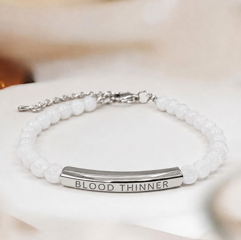 Women's Slim White Beaded Blood Thinner Medical Alert Bracelet