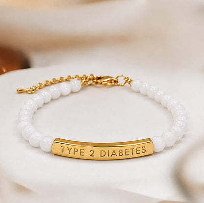 Women's Slim White Beaded Diabetes Medical Alert Bracelet