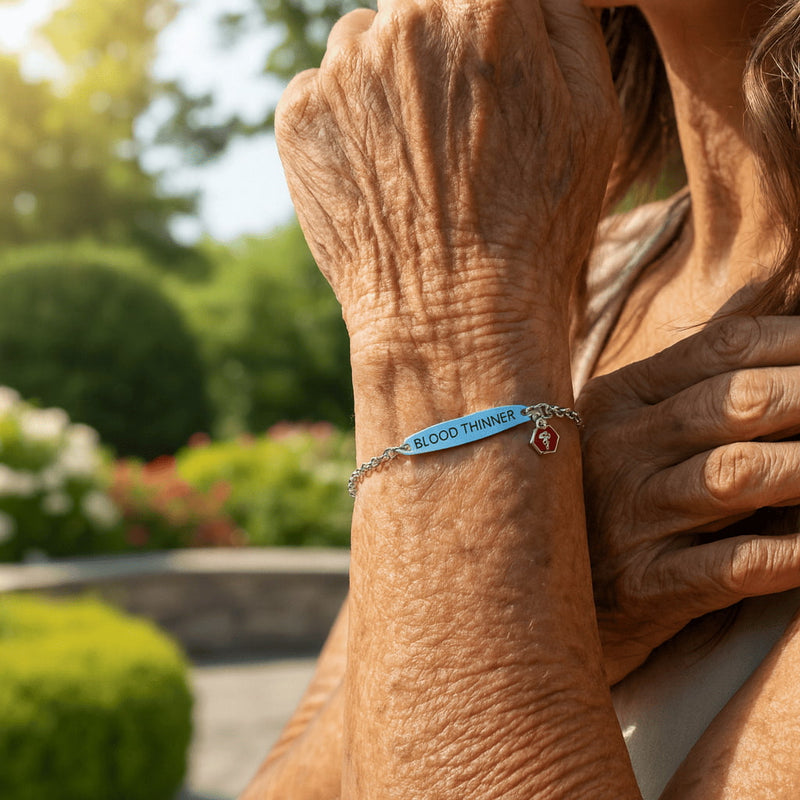 Close view of the engraved blood thinner bracelet