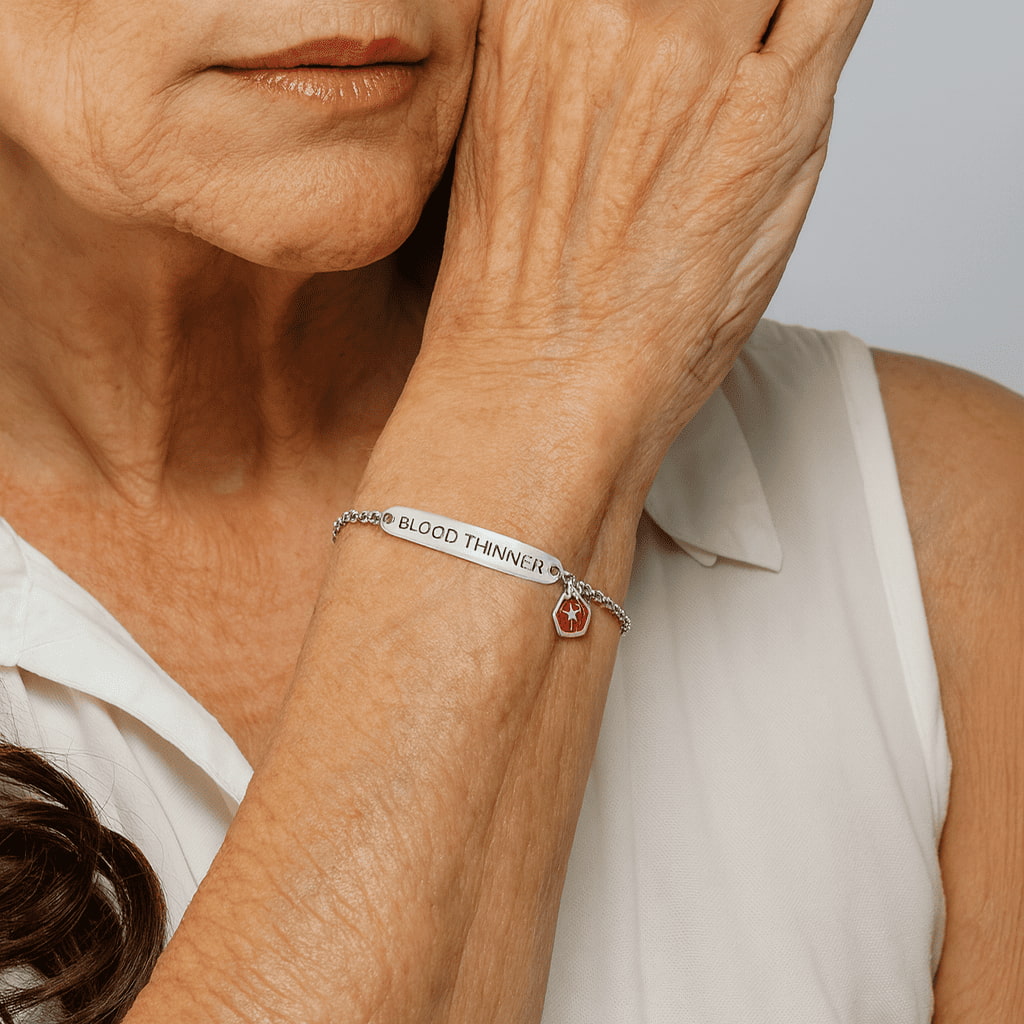 My Medi Friend blood thinner bracelet worn on the wrist