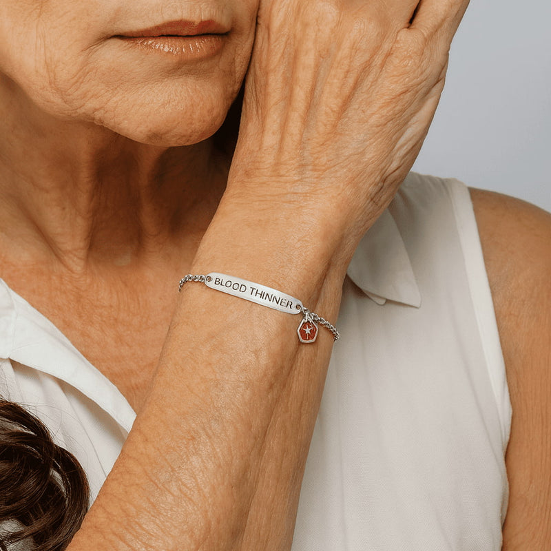 My Medi Friend blood thinner bracelet worn on the wrist