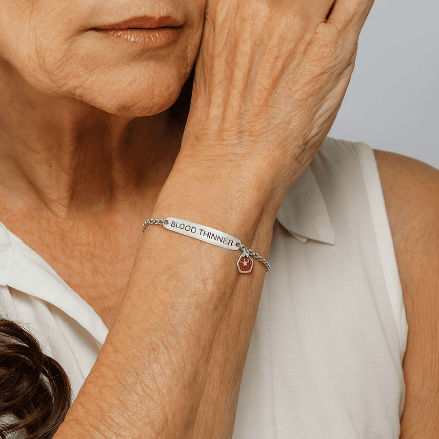 My Medi Friend blood thinner bracelet worn on the wrist