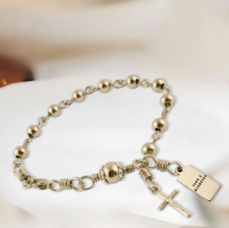 Women Stainless Steel Beads with Rosary Diabetes Medical Alert Bracelet