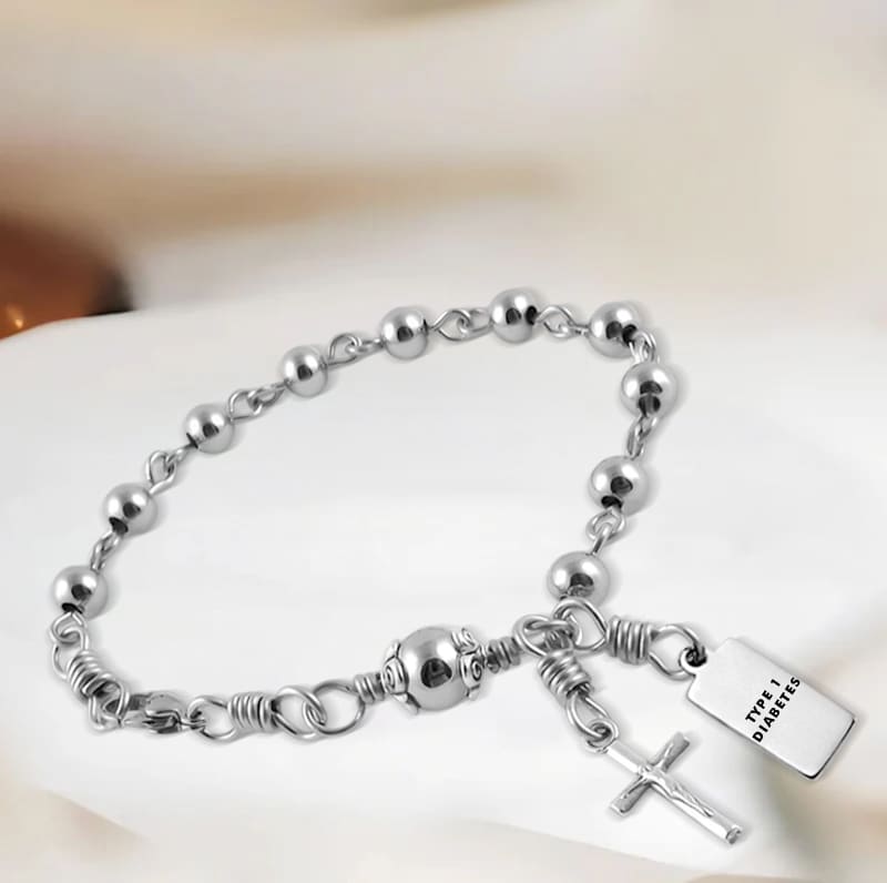 Women Stainless Steel Beads with Rosary Diabetes Medical Alert Bracelet