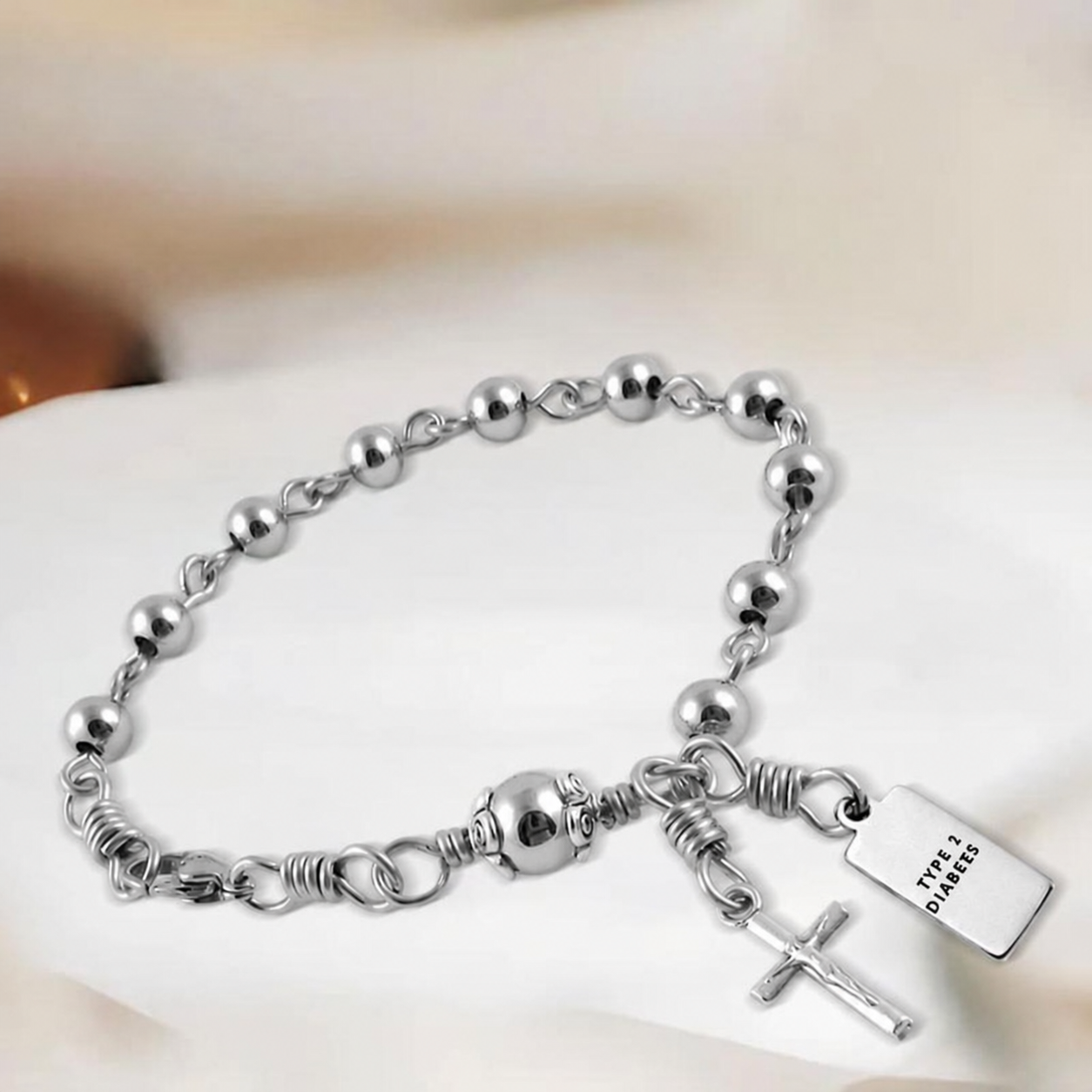 Women Stainless Steel Beads with Rosary Diabetes Medical Alert Bracelet